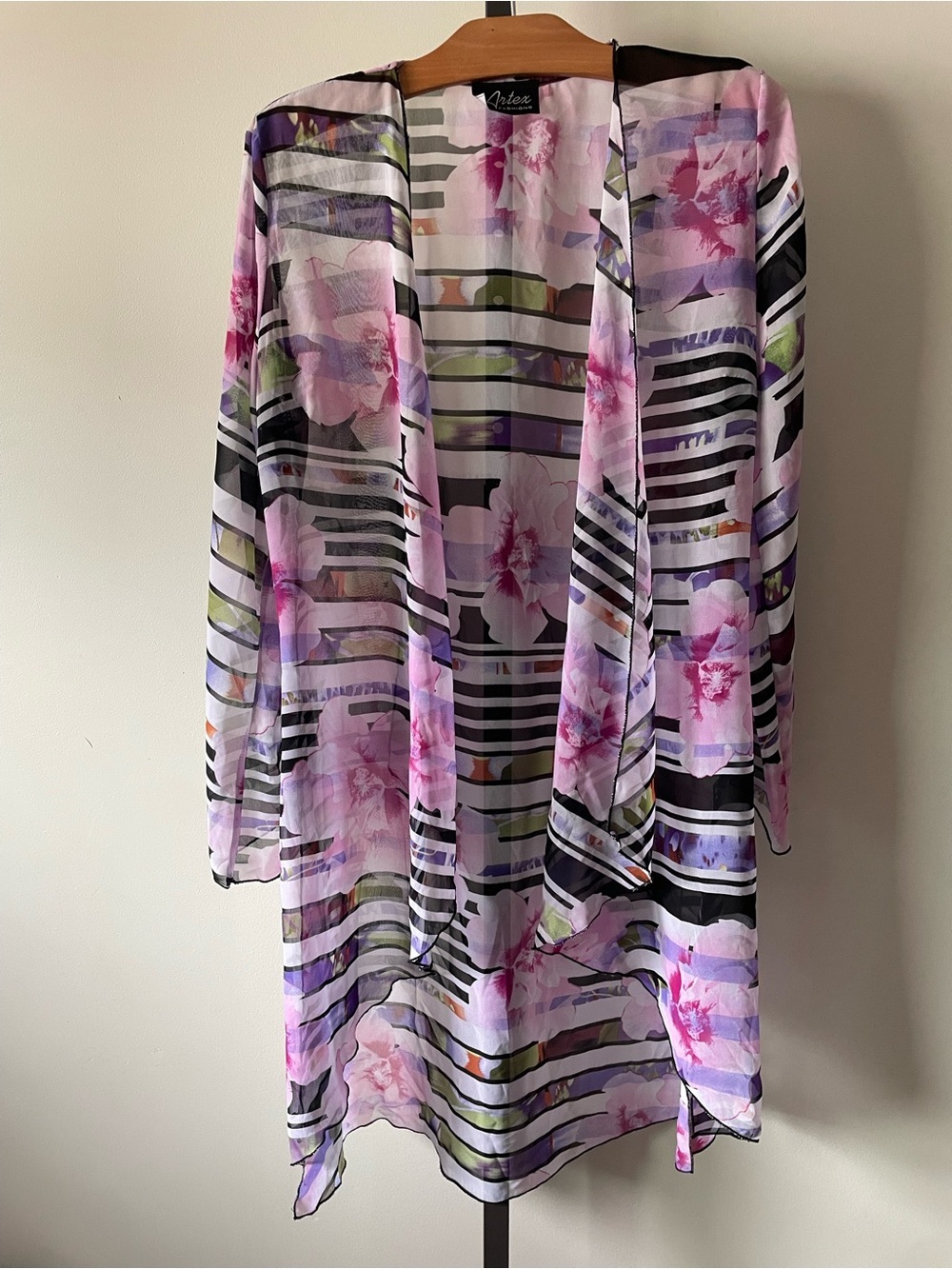 Artex Fashions Floral Striped Sheer Kimono Cardigan Duster Long Sleeve Beach